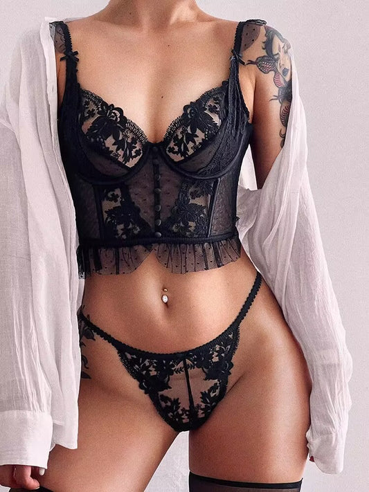 LADIES INTIMATE TWO PIECE BRA SET, LINGERIE SET                         BLACK / WHITE                 (SIZE  S - XL)