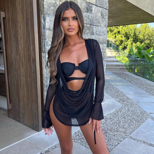 LADIES LONG SLEEVE MESH ONE PIECE SWIMSUIT SWIMWEAR BEACHWEAR COVER UP                                      BLACK / VIOLET-MULTI / LIGHT TURQUOISE GREEN / BLACK & WHITE / LIGHT PURPLE                         (SIZE  S - L)