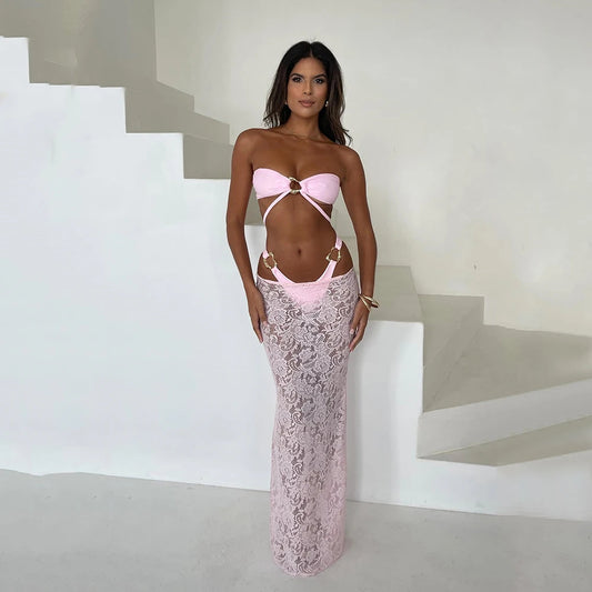 LADIES STRAPLESS BIKINI SWIMWEAR BEACHWEAR & SKIRT SET                                    PINK / BLACK / WHITE / RED / DARK BROWN                                   (SIZE  S - L)