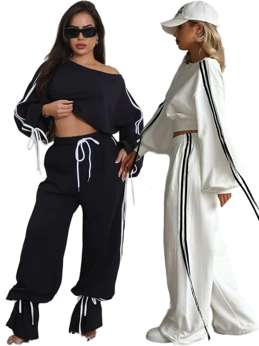 LADIES TWO PIECE OFF THE SHOULDER TOP & PANTS SET                               BLACK / WHITE                                (SIZE  S - 2XL)