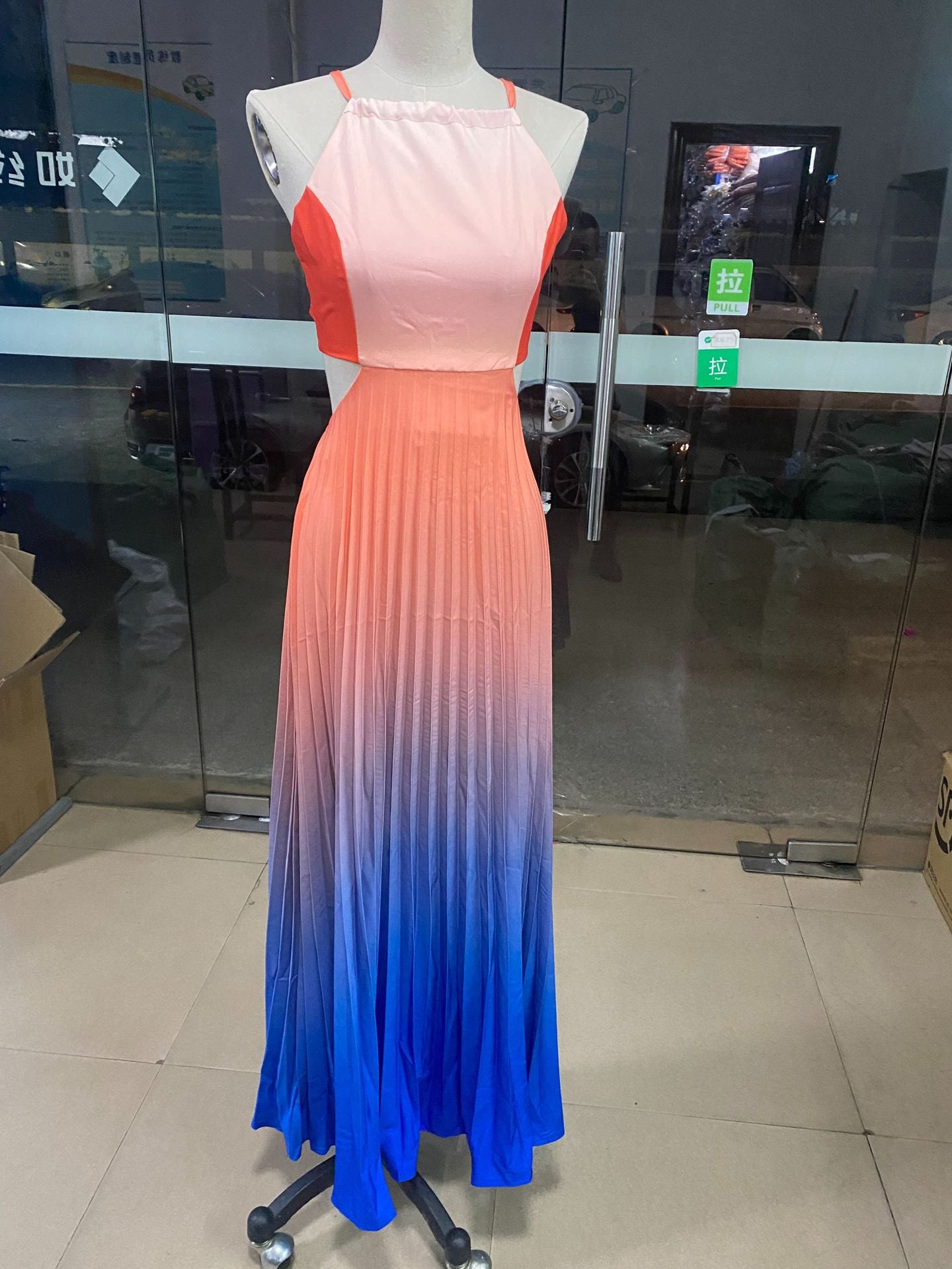 LADIES HALTERNECK LONG DRESS                            PEACH-BLUE MULTI COLOUR / BLUE / YELLOW-GREEN                           (SIZE  S - 2XL)
