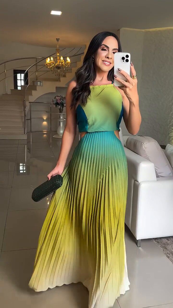LADIES HALTERNECK LONG DRESS                            PEACH-BLUE MULTI COLOUR / BLUE / YELLOW-GREEN                           (SIZE  S - 2XL)