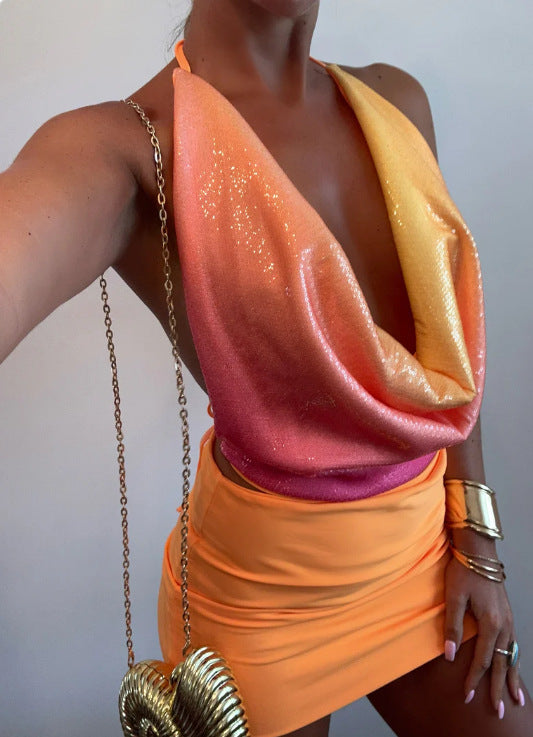 LADIES HALTERNECK MINI SKIRT SET                               ORANGE-PINK                          (SIZE  S - L)