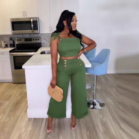 LADIES TWO PIECE TOP & WIDE LEG PANTS SET                         GREEN                          (SIZE  S - 3XL)