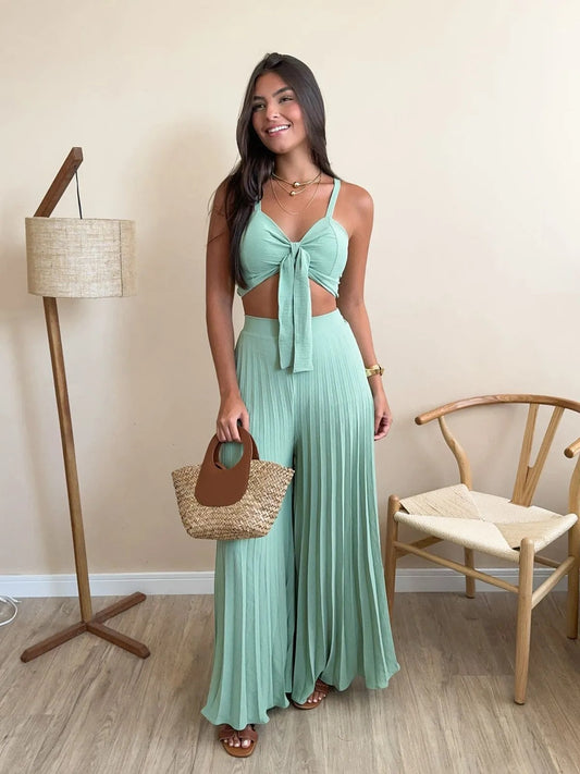 LADIES TWO PIECE TOP & WIDE LEG PANTS SET                            LIGHT GREEN OLIVE / BLACK / APRICOT-BEIGE / KHAKI / BLUE                                  (SIZE  S - 2XL)