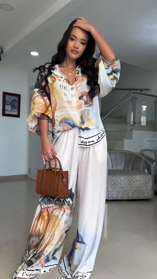 LADIES TWO PIECE BLOUSE & WIDE LEG PANTS SET                                WHITE-MULTI                       (SIZE  M - 2XL)