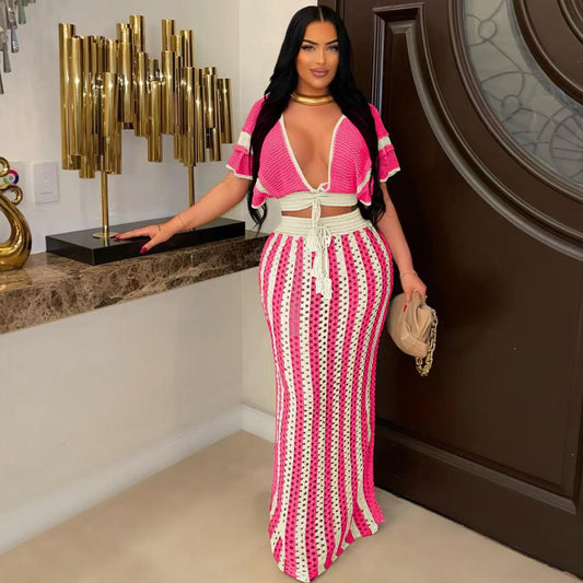 LADIES TWO PIECE TOP & SKIRT SET                           KHAKI-BEIGE / BLACK / PINK                        (FREE SIZE)