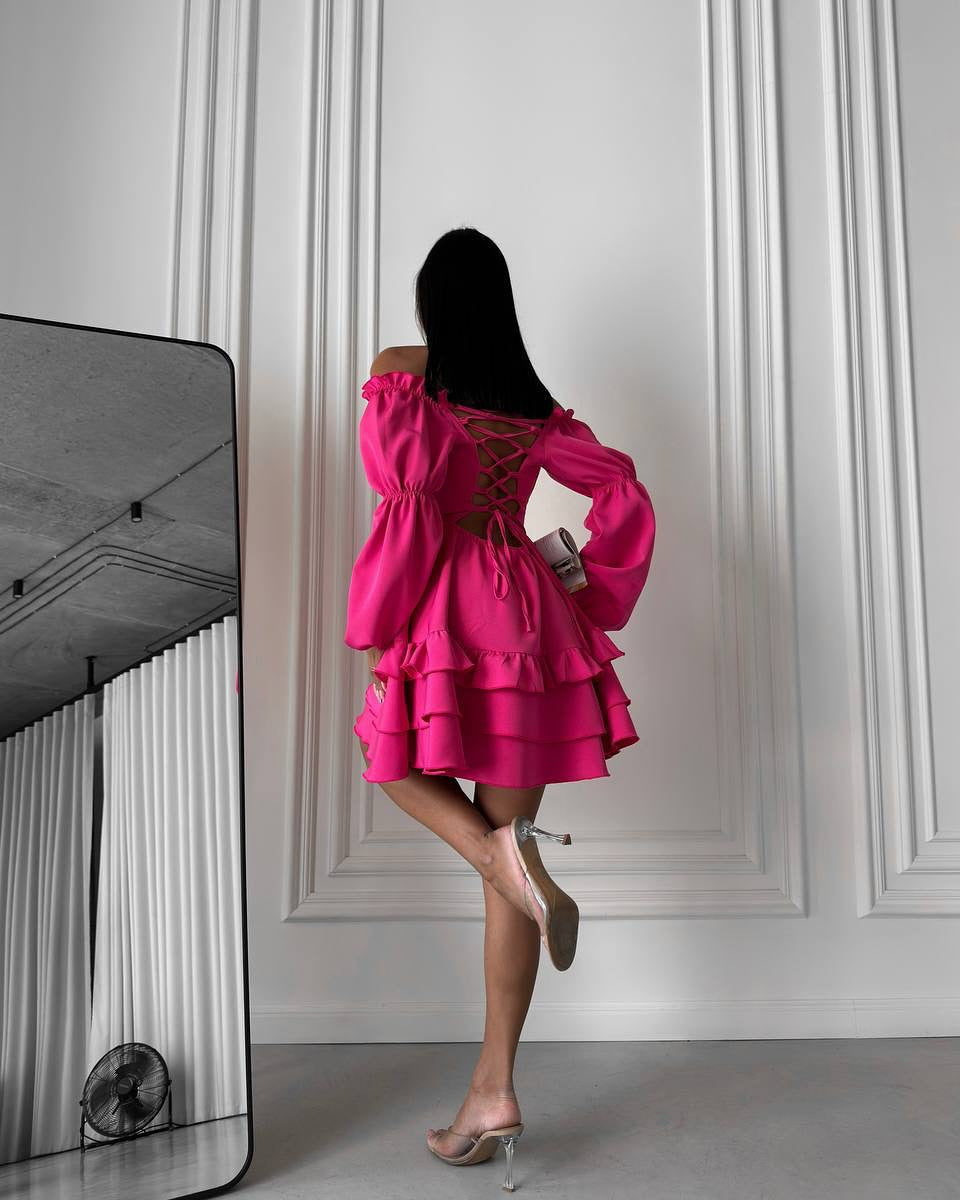 LADIES OFF THE SHOULDER MINI DRESS                                    DARK PINK                                  (SIZE  M - XL)