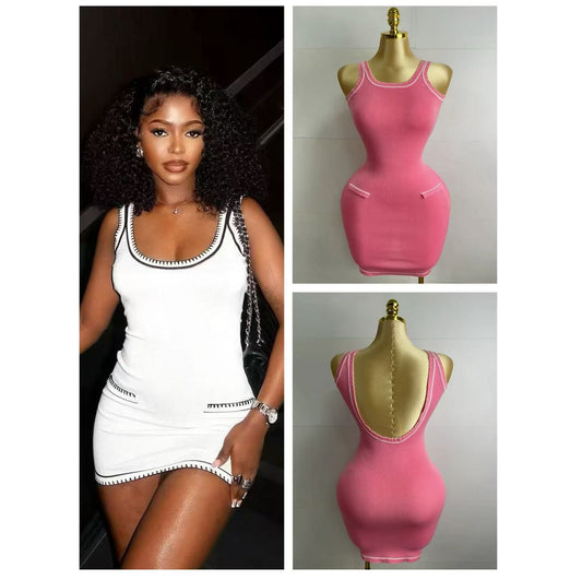 LADIES SLEEVELESS MINI DRESS                                            WHITE / PINK                                              (FREE SIZE)