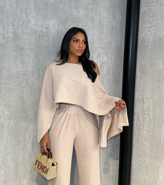 LADIES TWO PIECE OFF THE SHOULDER TOP & PANTS SET                            LIME GREEN / APRICOT-BEIGE / YELLOW                          (SIZE  S - 2XL)