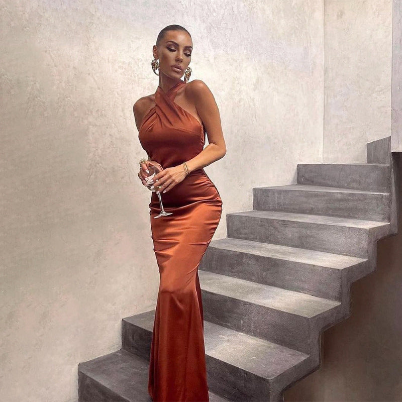 LADIES HALTERNECK LONG PARTY / COCTAIL / EVENING DRESS                                          BLACK / GREEN / RUSTY ORANGE                                         (SIZE  S - L)