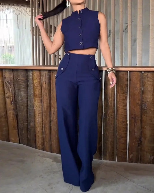 LADIES TWO PIECE SLEEVELESS TOP & PANTS SET                          DARK BLUE                             (SIZE  S - XL)