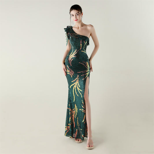 LADIES ONE SHOULDER PARTY / EVENING DRESS                                        WHITE / GREEN / BLACK / APRICOT-BEIGE / GOLD / RED / DARK BLUE                                               (SIZE  S - 2XL)