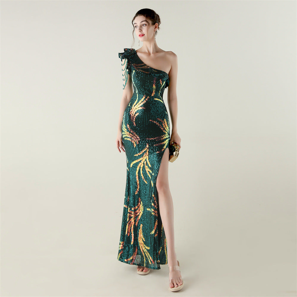 LADIES ONE SHOULDER PARTY / EVENING DRESS                                        WHITE / GREEN / BLACK / APRICOT-BEIGE / GOLD / RED / DARK BLUE                                               (SIZE  S - 2XL)