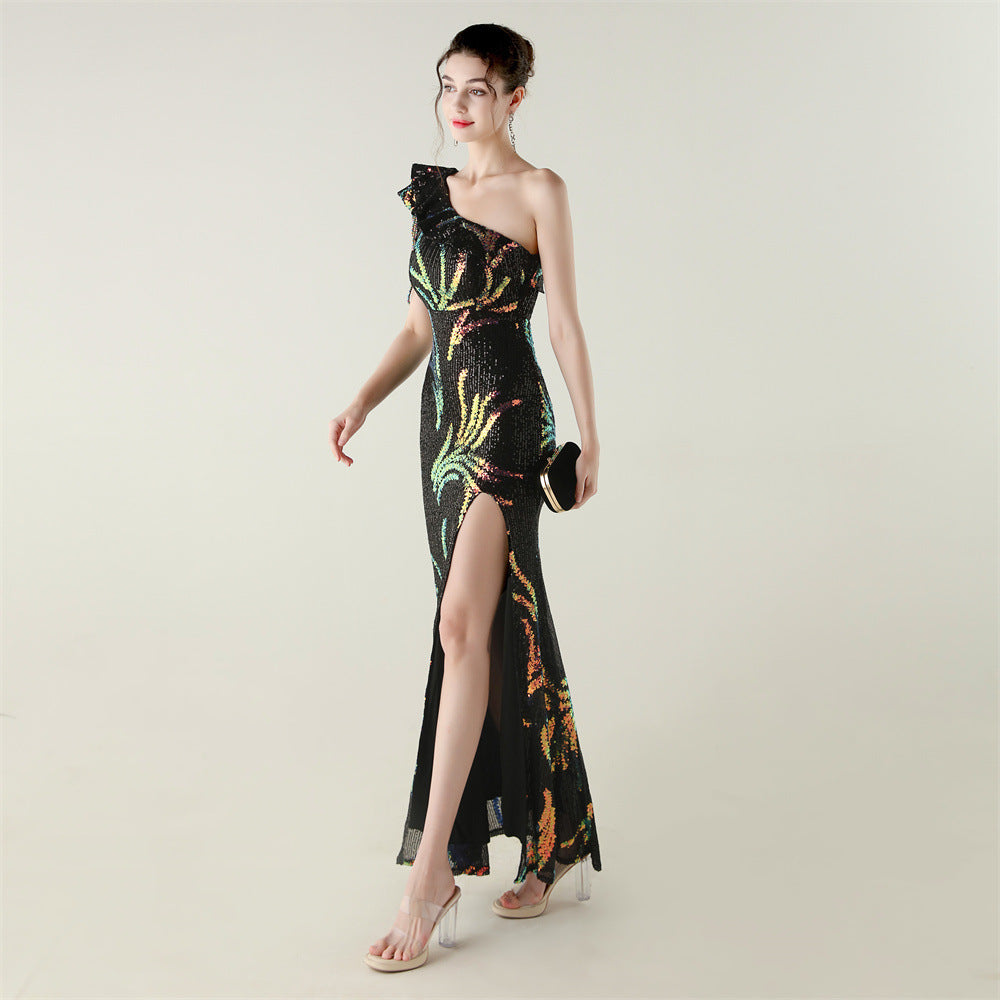 LADIES ONE SHOULDER PARTY / EVENING DRESS                                        WHITE / GREEN / BLACK / APRICOT-BEIGE / GOLD / RED / DARK BLUE                                               (SIZE  S - 2XL)