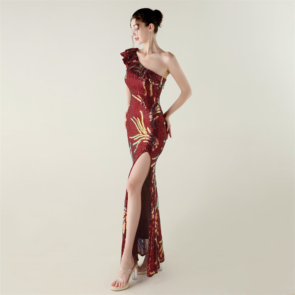 LADIES ONE SHOULDER PARTY / EVENING DRESS                                        WHITE / GREEN / BLACK / APRICOT-BEIGE / GOLD / RED / DARK BLUE                                               (SIZE  S - 2XL)