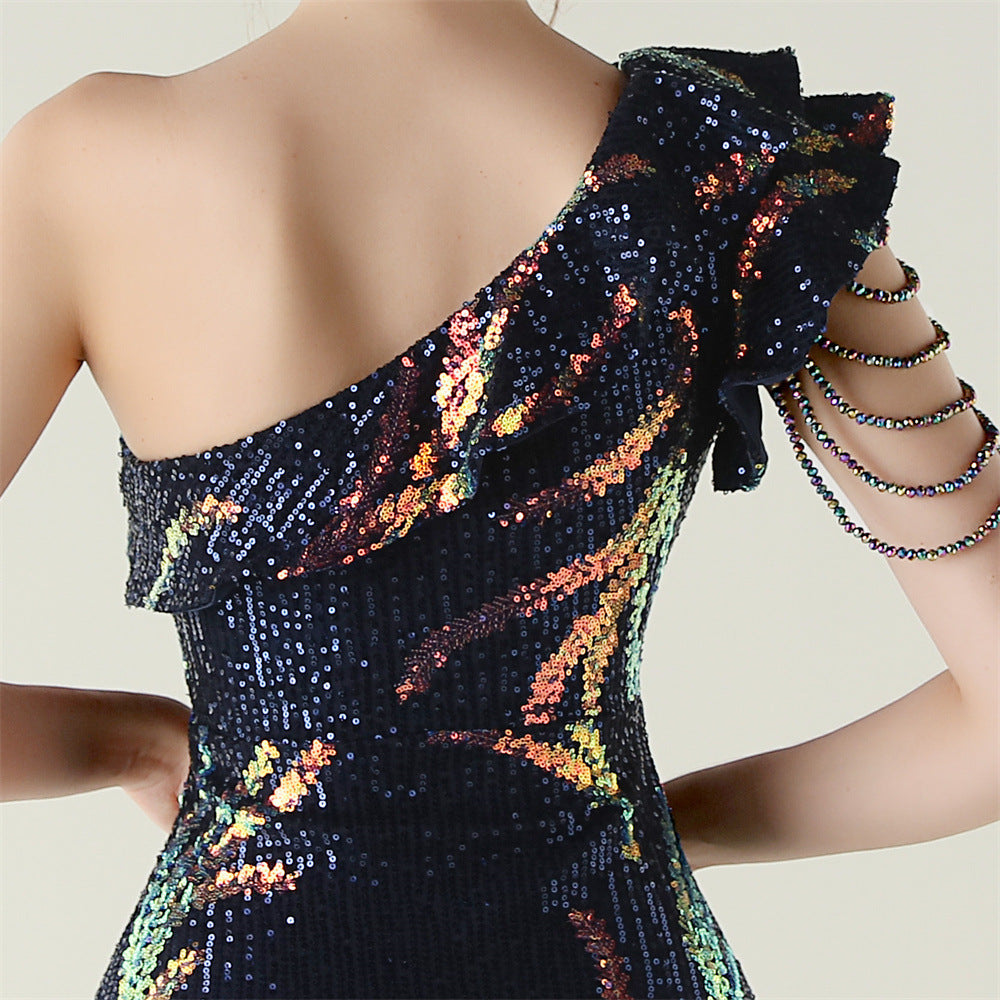 LADIES ONE SHOULDER PARTY / EVENING DRESS                                        WHITE / GREEN / BLACK / APRICOT-BEIGE / GOLD / RED / DARK BLUE                                               (SIZE  S - 2XL)