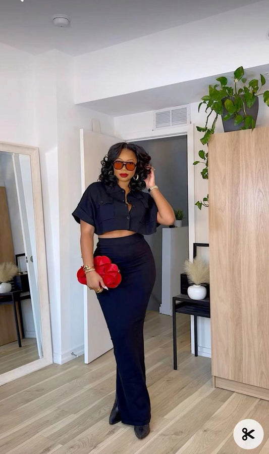 LADIES SHORT SLEEVE CROPPED SHIRT & SKIRT SET                                           BLACK                                            (SIZE  S - 2XL)
