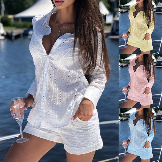 LADIES LONG SLEEVE SHIRT & SHORTS SET                                       WHITE / YELLOW / BLUE / PINK                                         (SIZE  S - XL)
