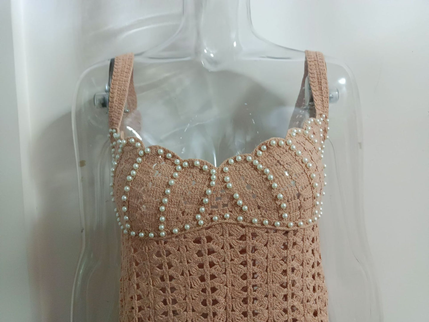 LADIES KNITTED MINI BEACHDRESS / BEACWEAR COVER UP DRESS                                      WHITE / KHAKI                                        (SIZE  S - L)