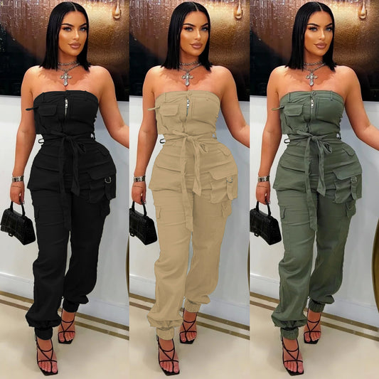 LADIES SLEEVELESS STRAPLESS CARGO JUMPSUIT                                         BLACK / ARMY GREEN / KHAKI                                 (SIZE  S - 2XL)