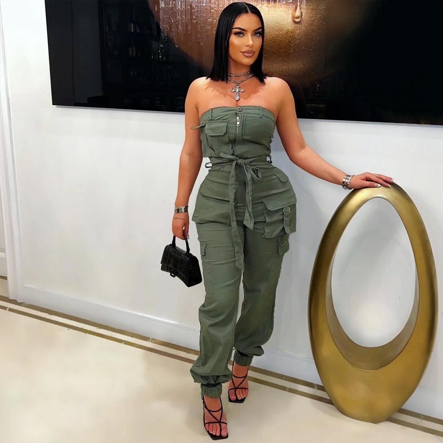 LADIES SLEEVELESS STRAPLESS CARGO JUMPSUIT                                         BLACK / ARMY GREEN / KHAKI                                 (SIZE  S - 2XL)