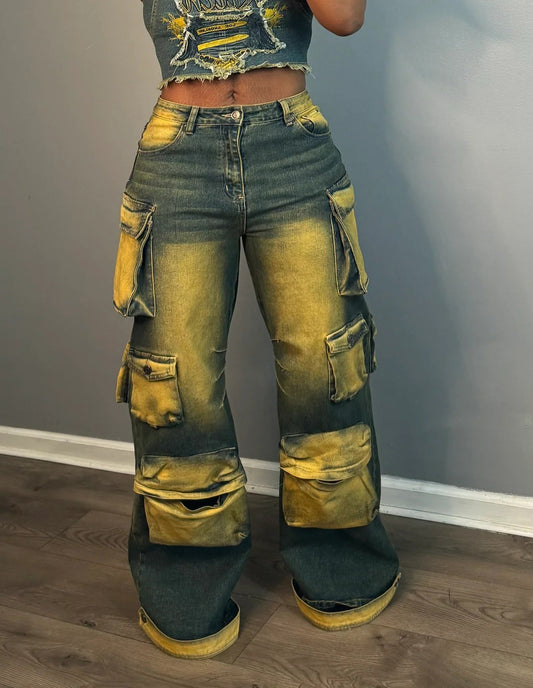 LADIES DENIM CARGO JEANS DENIM PANTS                                 DARK BLUE DENIM YELLOW                       (SIZE  S - 2XL)