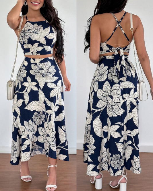 LADIES TWO PIECE SLEEVELESS TOP & SKIRT SET                                         NAVY-WHITE                                (SIZE  S - XL)