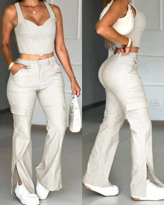 LADIES TWO PIECE TOP & PANTS SET                                  OFF-WHITE                                  (SIZE  S - XL)
