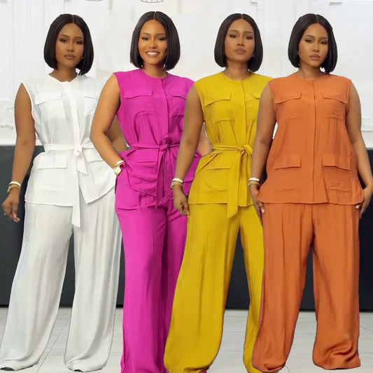 LADIES TWO PIECE SLEEVELESS TOP & PANTS SET                                         WHITE / DARK PINK / YELLOW / ORANGE                                   (SIZE  S - 3XL)