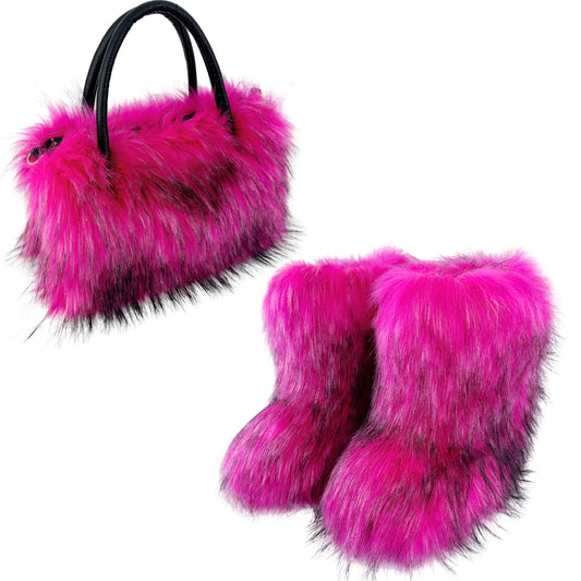 LADIES TWO PIECE FLUFFY FUR BOOTS & BAG SET                             BROWN / BLACK / BRIGHT PINK / GRAY / YELLOW / RED / PINK / WHITE                                  (SIZE  36 - 44 )           (SIZE   4 - 9)