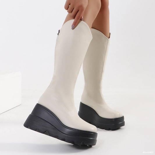LADIES PU LEATHER BOOTS                              OFF-WHITE                                (SIZE  36 - 43)              (SIZE  4 - 8.5)