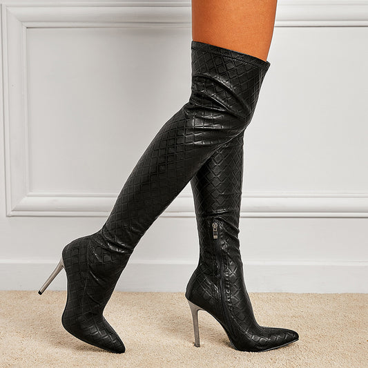 LADIES OVER THE KNEE HIGH HEEL BOOTS                            BLACK                              (SIZE  35 - 42)          (SIZE  3 - 8)