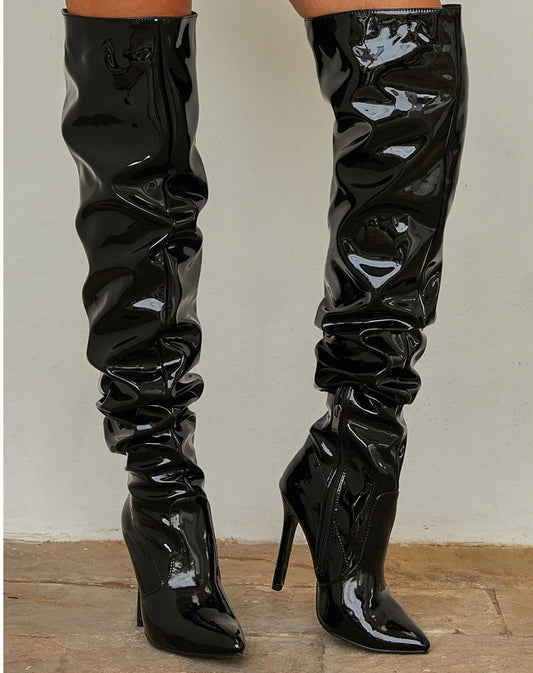 LADIES OVER THE KNEE HIGH HEEL BOOTS                                  BLACK                             (SIZE  35 - 42)           (SIZE  3 - 8)