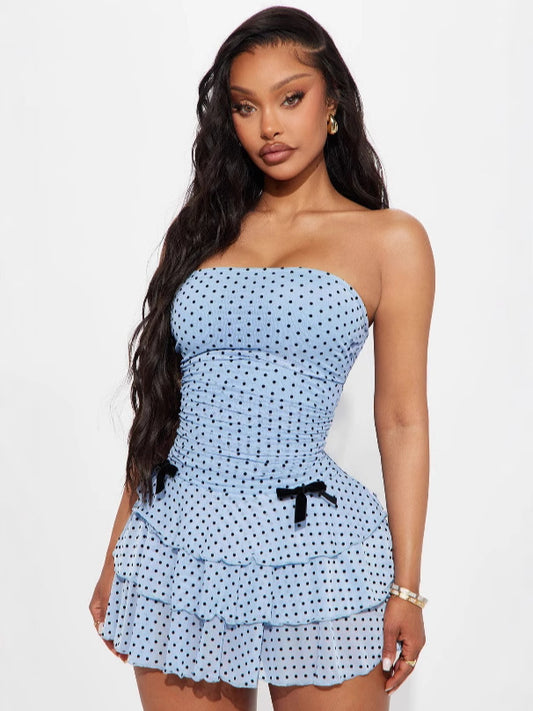 LADIES STRAPLESS MINI DRESS                               LIGHT BLUE                                  (SIZE  S - L)
