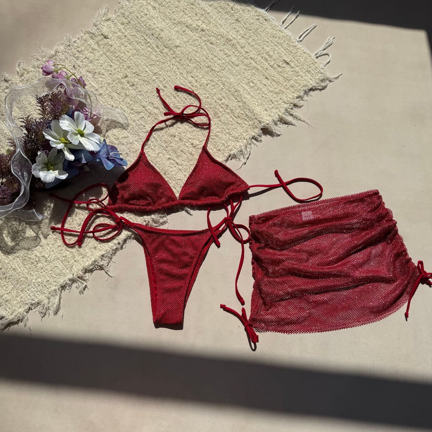 LADIES THREE PIECE BIKINI SWIMWEAR BEACHWEAR SET                                DARK RED / BLACK / WHITE                                (SIZE  S - L)