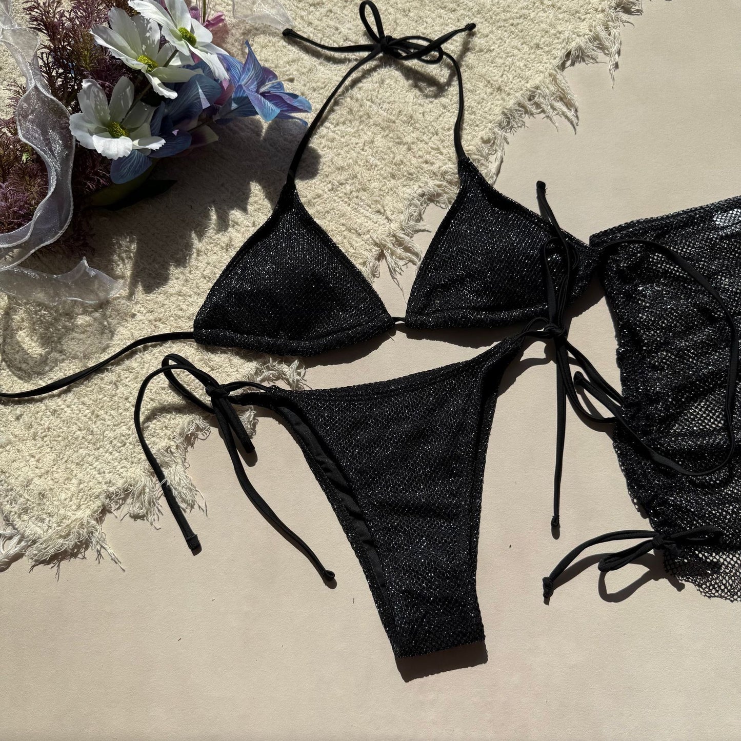 LADIES THREE PIECE BIKINI SWIMWEAR BEACHWEAR SET                                DARK RED / BLACK / WHITE                                (SIZE  S - L)