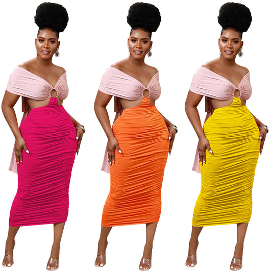 LADIES CUT OUT DRESS                                 DARK PINK / ORANGE / YELLOW                               (SIZE  S - 2XL)