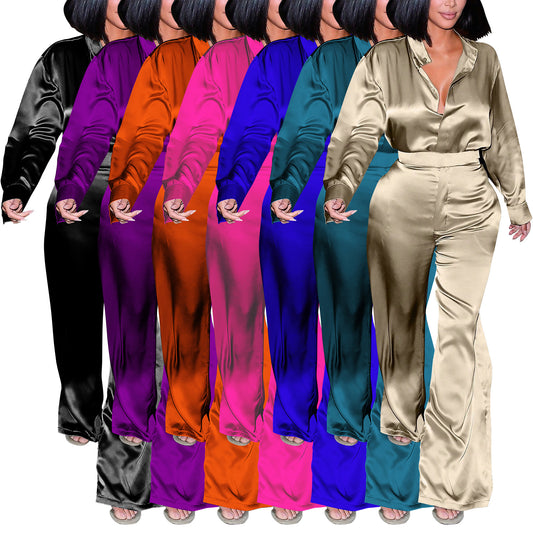 LADIES TWO PIECE LONG SLEEVE SHIRT & PANTS SET                            BLACK / GOLD CHAMPAGNE / PURPLE / DARK PINK / ORANGE / BLUE / DARK TURQUOISE GREEN                                        (SIZE  S - 2XL)