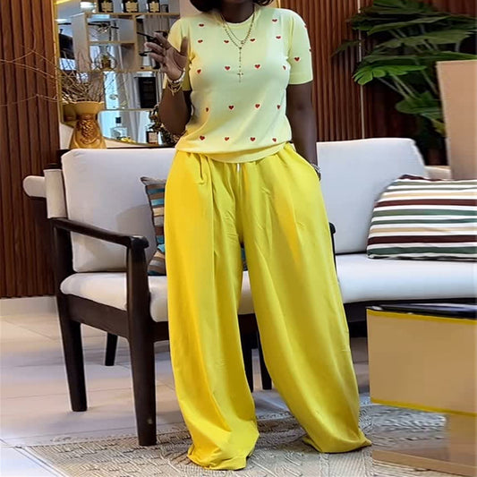 LADIES TWO PIECE SHORT SLEEVE TOP & WIDE LEG PANTS SET                                        YELLOW / PINK                                      (SIZE  S - 2XL)