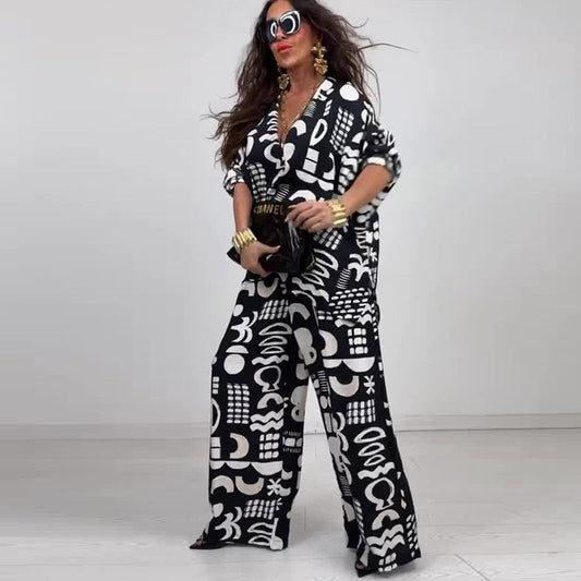 LADIES TWO PIECE SHIRT & PANTS SET                                      BLACK & WHITE                                   (SIZE  XS - 3XL)