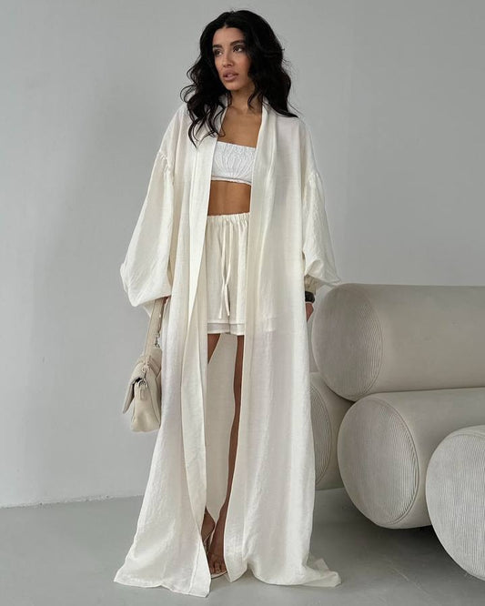 LADIES TWO PIECE CARDIGAN & SHORTS SET                                   BLUE / YELLOW / OFF-WHITE / KHAKI                                     (SIZE  S - 2XL)