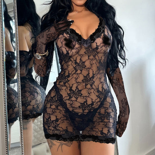 LADIES BLACK V-NECK  LACE LINGERIE DRESS WITH MATCHING LACE GLOVES                                           BLACK                                              (SIZE  S - L)