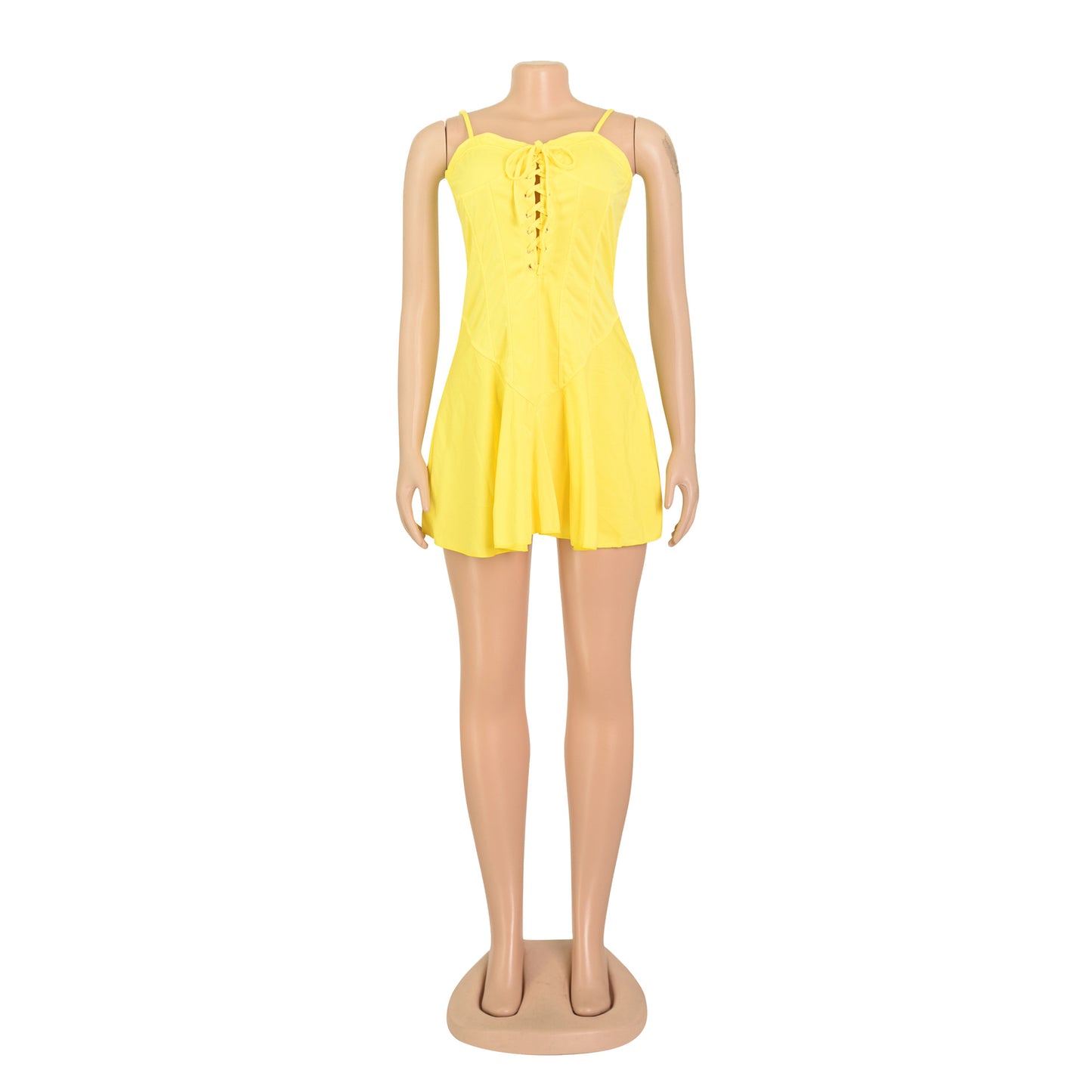 LADIES LACE UP MINI DRESS                                       WHITE / PINK / YELLOW / ORANGE-RED                                             (SIZE  S - 2XL)