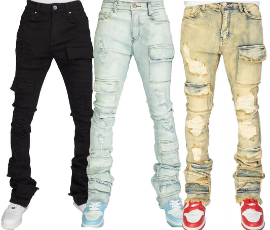 MENS DISTRESSED RIPPED JEANS                                       BLACK DENIM / LIGHT BLUE DENIM / BEIGE BLUE DENIM                                           (SIZE  S - XL)