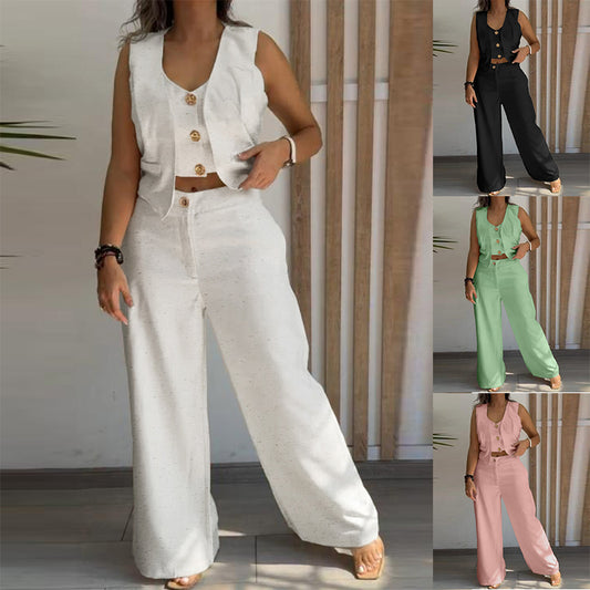 Stylih women ladies two piece sleeveless top and pants set                                                                 White / black / light green / pink                                                                 (Size  S - XL)