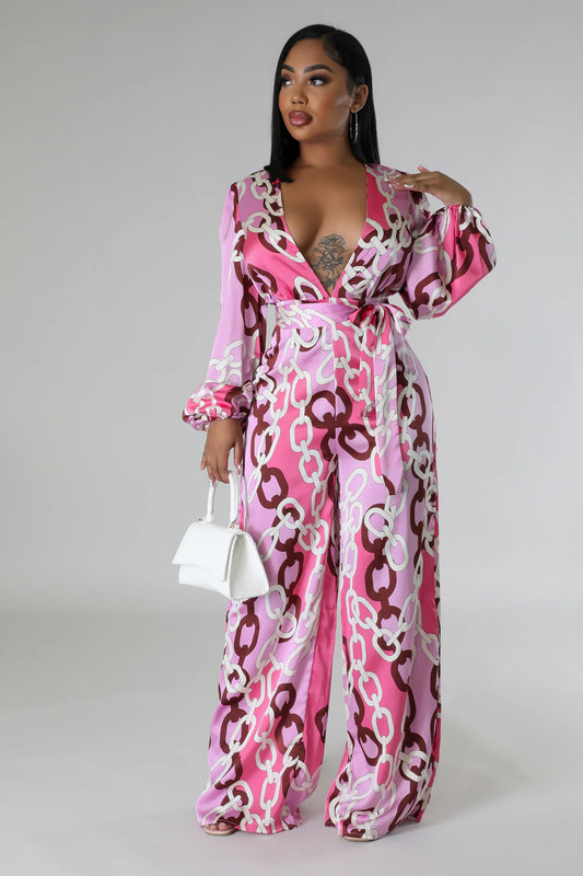 Women stylish fashion sexy pink print long sleeve jumpsuit                                             Pink                                                (Size  S - 2XL)