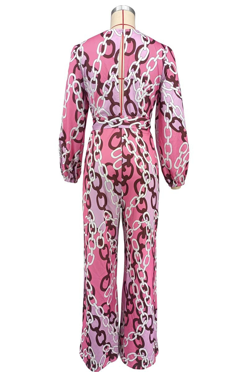 Women stylish fashion sexy pink print long sleeve jumpsuit                                             Pink                                                (Size  S - 2XL)