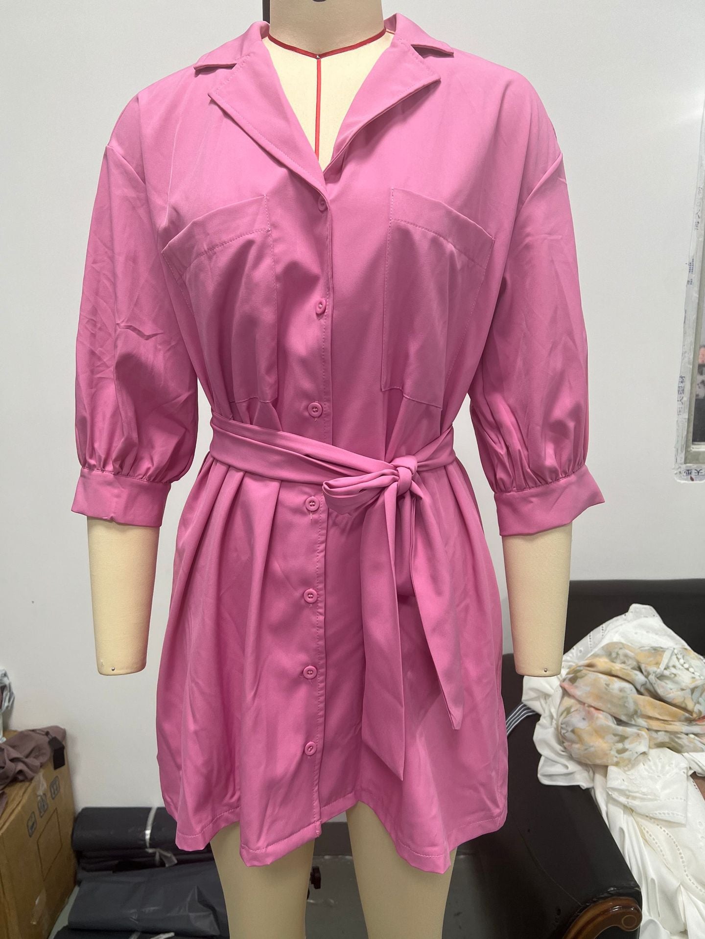 Women stylish fashion shirt dress with belt                             Pink                            (Size  S-2XL)