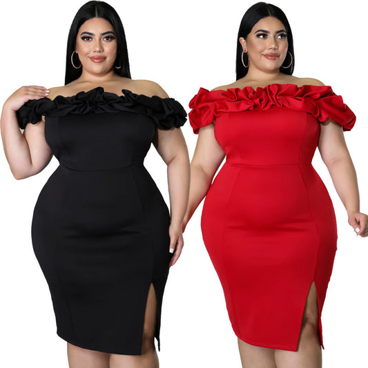 LADIES PLUS SIZE OFF THE SHOULDER DRESS             BLACK / RED             (SIZE  XL - 5XL)